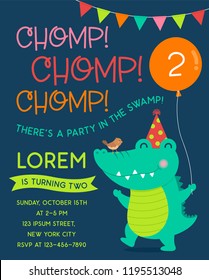 Cute alligator with little bird cartoon illustration for kids party invitation card.