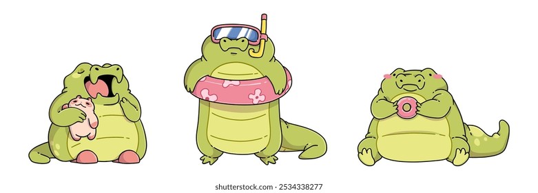 Linda mascota de cocodrilo. Divertido personaje de dibujos animados de cocodrilo infantil verde Vector en diferentes poses: bosteza con juguete de peluche en la mano, sentado con dona y de pie en anillo inflable y máscara de buceo