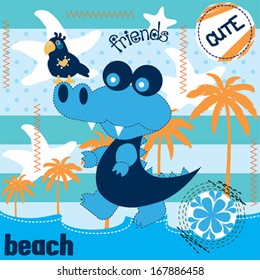 cute alligator and parrot on the beach vector illustration