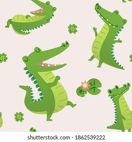 Cute Alligator pattern, different Crocodile seamless wallpaper. eps 10 vector.