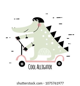 Cute alligator rides a scooter. Can be used for baby t-shirt print, fashion print design, kids wear, baby shower celebration greeting and invitation card.