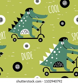 Cute alligator rides a scooter. Vector texture in childish style great for fabric and textile, wallpapers, backgrounds. Pastel colors.