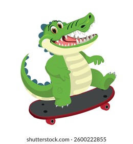 cute alligator riding skateboard, vector illustration.
