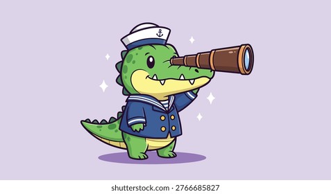 A cute alligator sailor is depicted looking through a telescope in this charming cartoon vector illustration.