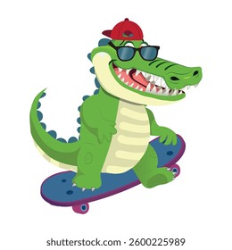 cute alligator with sunglasses and cap riding skateboard, vector illustration.