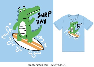 Cute alligator surfing illustration with tshirt design premium vector the Concept of Isolated Technology. Flat Cartoon Style Suitable for Landing Web Pages,T shirt, Flyers, Stickers