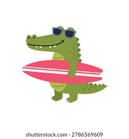 Cute Alligator Surfing Vector Illustration, Isolated Flat Cartoon Crocodile with Sunglasses and Surfboard for Kids Apparel