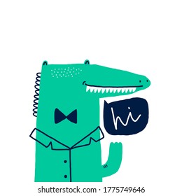 Cute alligator in a tuxedo and bow tie welcomes you. Can be used for shirt design, fashion print design, kids wear, textile design, greeting card.