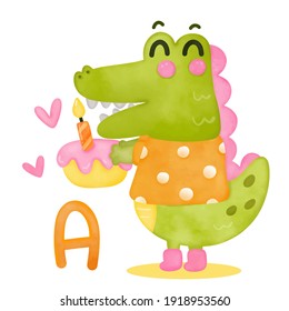 Cute alligator vector Animals alphabet for kids education. Crocodile cartoon Funny hand drawn style kawaii characters(Children doodle). Perfect for home décor, Nursery wall décor, greeting card.