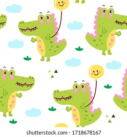 Cute Alligator vector, seamless pattern fabric character design crocodile cartoon with balloon Kawaii animal: Series Girly doodles sweet farm wildlife pet zoo,illustration of little pastel magic love.