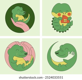 Cute alligators - a set of logos. Minimalistic illustrations of crocodiles surrounded by care and have their own home. The design creates a feeling of safety, warmth and comfort.  