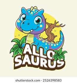 Cute Allosaurus Dinosaur Character Mascot in Hand Drawn Vector Cartoon Illustration Design for kid, sticker, badge, patch, banner, greeting card, invitation