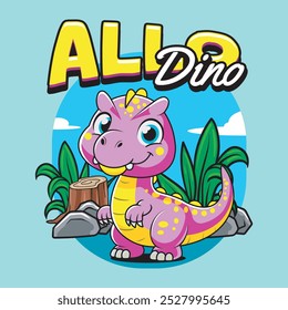 Cute Allosaurus Dinosaur Character Mascot in Hand Drawn Vector Cartoon Illustration Design for kid, sticker, badge, patch, banner, greeting card, invitation