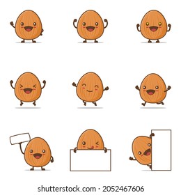 cute almond cartoon mascot. bean vector illustration, with happy facial expressions and different poses, isolated on a white background