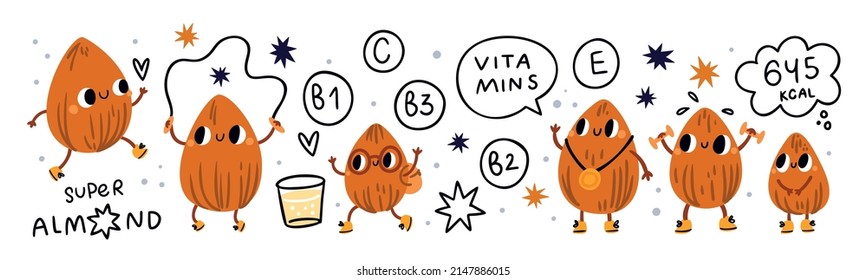 Cute Almond. Funny Nut Character. Healthy Nutrition. Athletic Lifestyle. Sport And Vitamins. Natural Superfood Snack. Nutrients And Calories. Vector Cartoon Fitness