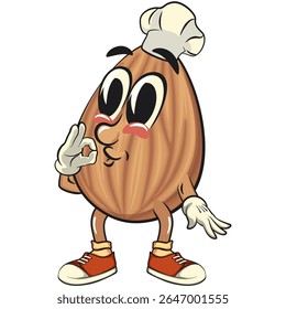 cute almond mascot cartoon vector illustration chef gives delicious sign, isolated nut character for healthy food branding, packaging, and snack advertisement, work of hand drawn