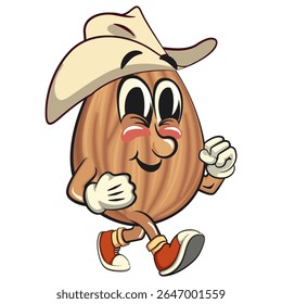 cute almond mascot cartoon vector illustration walking wearing a cowboy hat, isolated nut character for healthy food branding, packaging, and snack advertisement, work of hand drawn