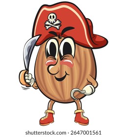 bonitinho mascote de amêndoa ilustração vetor vestindo um chapéu pirata, personagem de noz isolado para marca de alimentos saudáveis, embalagem e anúncio de lanche, trabalho de mão desenhada