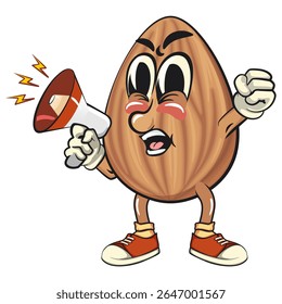 bonitinho mascote de amêndoa vetor ilustração em voz alta com alto-falante, personagem de noz isolado para marca de alimentos saudáveis, embalagem e anúncio de lanche, trabalho de mão desenhada