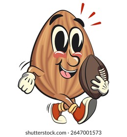 cute almond mascot cartoon vector illustration playing rugby or american football, isolated nut character for healthy food branding, packaging, and snack advertisement, work of hand drawn