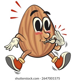cute almond mascot cartoon vector illustration blowing the whistle, isolated nut character for healthy food branding, packaging, and snack advertisement, work of hand drawn