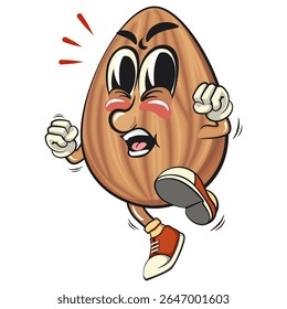 bonitinho mascote de amêndoa vetor ilustração saltando e chutando, personagem de noz isolado para marca de alimentos saudáveis, embalagem e anúncio de lanche, trabalho de mão desenhada