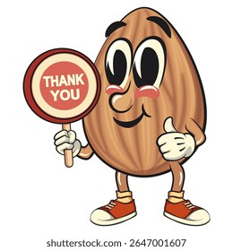 cute almond mascot cartoon vector illustration say thank you, isolated nut character for healthy food branding, packaging, and snack advertisement, work of hand drawn