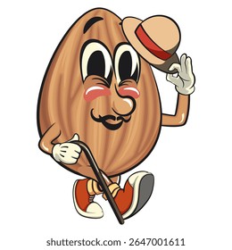cute almond mascot cartoon vector illustration carrying a stick and saluting with raised hat, isolated nut character for healthy food branding, packaging, and snack advertisement, work of hand drawn