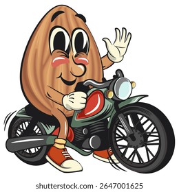 cute almond mascot cartoon vector illustration riding a big motorcycle, isolated nut character for healthy food branding, packaging, and snack advertisement, work of hand drawn