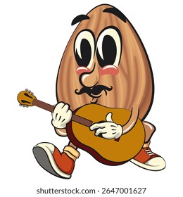 cute almond mascot cartoon vector illustration with moustache playing guitar, isolated nut character for healthy food branding, packaging, and snack advertisement, work of hand drawn
