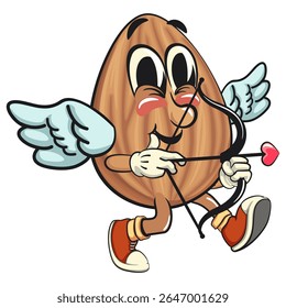 bonitinho mascote de amêndoa vetor ilustrativo cupido com asas de anjo e a seta do amor, personagem de noz isolado para marca de alimentos saudáveis, embalagem e anúncio de lanche, trabalho de mão desenhada