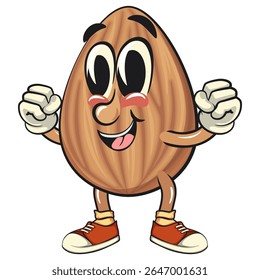 bonitinho mascote de amêndoa vetor ilustração saudável e forte o suficiente para se tornar um campeão, personagem de noz isolado para marca de alimentos saudáveis, embalagem e anúncio de lanche, trabalho de mão desenhada