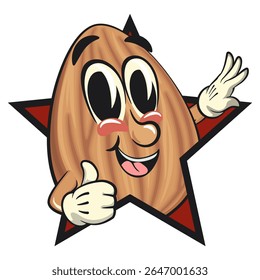 cute almond mascot cartoon vector illustration out from of a star by giving a thumbs up sign, isolated nut character for healthy food branding, packaging, and snack advertisement, work of hand drawn