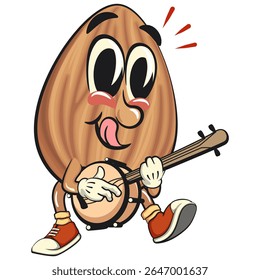 cute almond mascot cartoon vector illustration playing the banjo musical instrumen, isolated nut character for healthy food branding, packaging, and snack advertisement, work of hand drawn