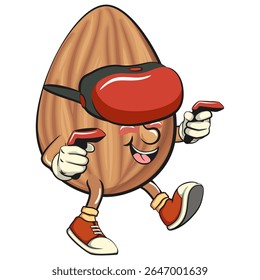 cute almond mascot cartoon vector illustration entering virtual reality with technology, isolated nut character for healthy food branding, packaging, and snack advertisement, work of hand drawn