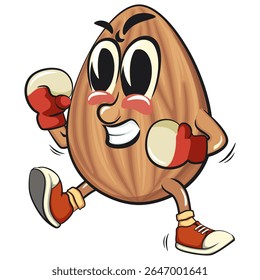cute almond mascot cartoon vector illustration boxing wearing boxing glove, isolated nut character for healthy food branding, packaging, and snack advertisement, work of hand drawn