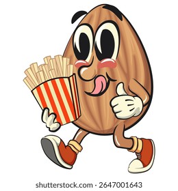 cute almond mascot cartoon vector illustration brought a box of french fries, isolated nut character for healthy food branding, packaging, and snack advertisement, work of hand drawn