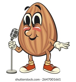 cute almond mascot cartoon vector illustration on front of the mic, isolated nut character for healthy food branding, packaging, and snack advertisement, work of hand drawn