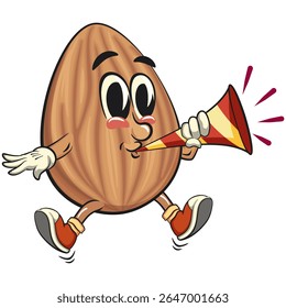 cute almond mascot cartoon vector illustration blow the party horn trumpet, isolated nut character for healthy food branding, packaging, and snack advertisement, work of hand drawn