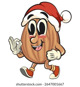 cute almond mascot cartoon vector illustration wearing a Santa Claus hat, isolated nut character for healthy food branding, packaging, and snack advertisement, work of hand drawn