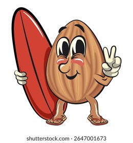 cute almond mascot cartoon vector illustration with surfboard and gave a peace sign, isolated nut character for healthy food branding, packaging, and snack advertisement, work of hand drawn