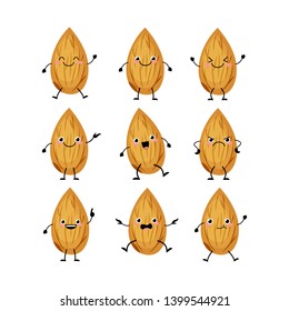 Cute almond nuts  characters set  with different emotions vector illustration. Funny nuts