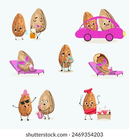 Cute almonds characters set, collection. Flat vector illustration. Activities, playing musical instruments, sports, funny fruits.
