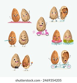 Cute almonds characters set, collection. Flat vector illustration. Activities, playing musical instruments, sports, funny fruits.