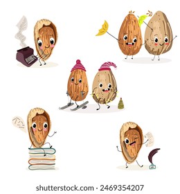 Cute almonds characters set, collection. Flat vector illustration. Activities, playing musical instruments, sports, funny fruits.
