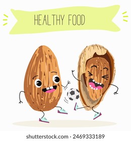 Cute almonds nut characters, funny nuts, with different activities, outdoor, sports,musical instrument. Organic food, healthy food, illustrations for kids menu.