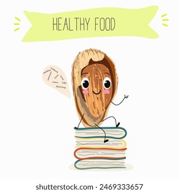Cute almonds nut characters, funny nuts, with different activities, outdoor, sports,musical instrument. Organic food, healthy food, illustrations for kids menu.