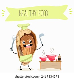 Cute almonds nut characters, funny nuts, with different activities, outdoor, sports,musical instrument. Organic food, healthy food, illustrations for kids menu.