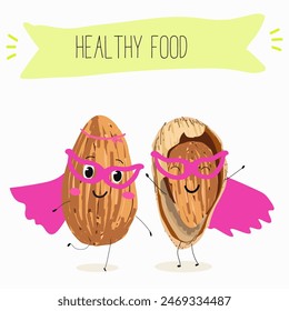Cute almonds nut characters, funny nuts, with different activities, outdoor, sports,musical instrument. Organic food, healthy food, illustrations for kids menu.