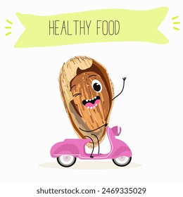 Cute almonds nut characters, funny nuts, with different activities, outdoor, sports,musical instrument. Organic food, healthy food, illustrations for kids menu.